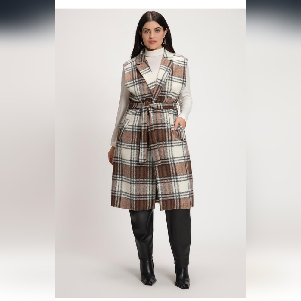 Ulla Popken Womenswear Plus Size Curvy Oversize Plaid Flannel Long Vest 20/22